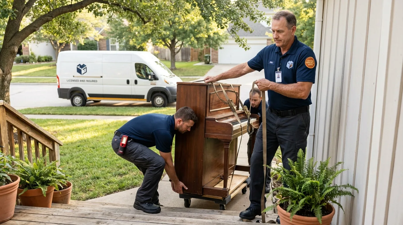 Licensed piano movers securing grand piano in Knightstown, IN
