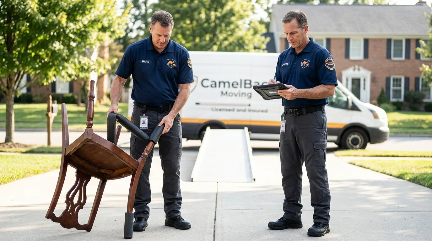 Movers inspecting furniture for damage prevention before loading in Knightstown, IN