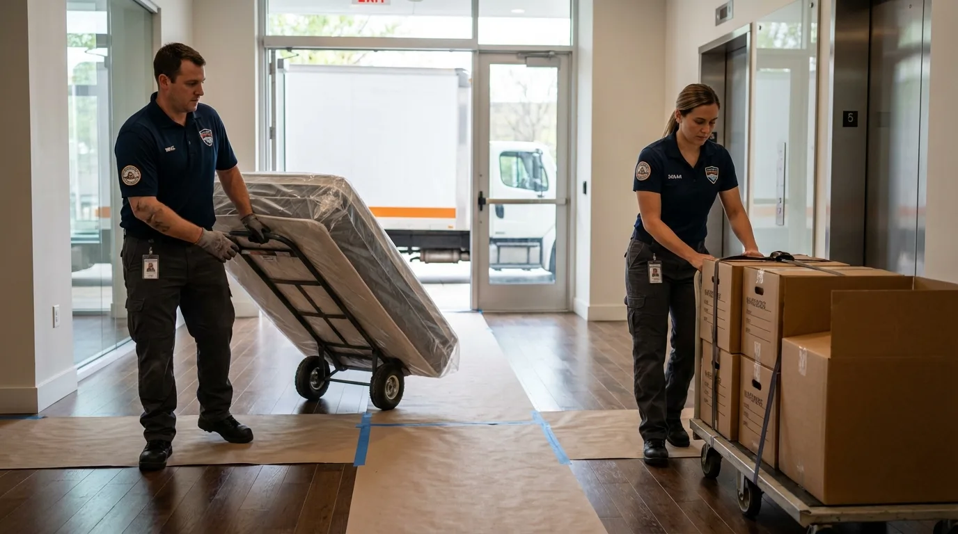 Professional apartment movers loading elevator in Knightstown, IN